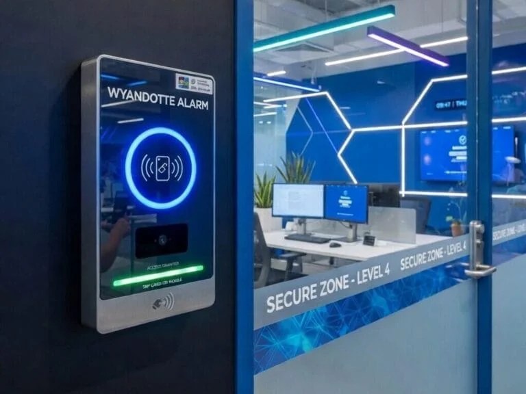 Wall-mounted access control reader at a door