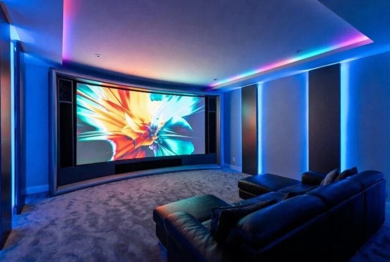 Home theater seating and screen